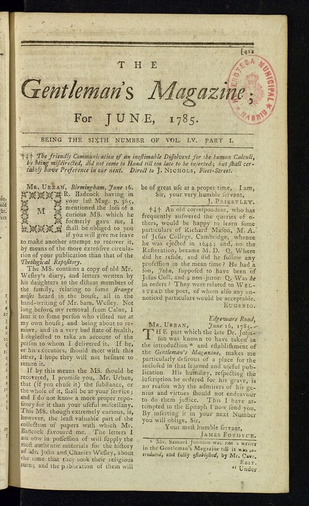 Miniatura de The Gentleman´s Magazine de junio de 1785, vol LV, parte I