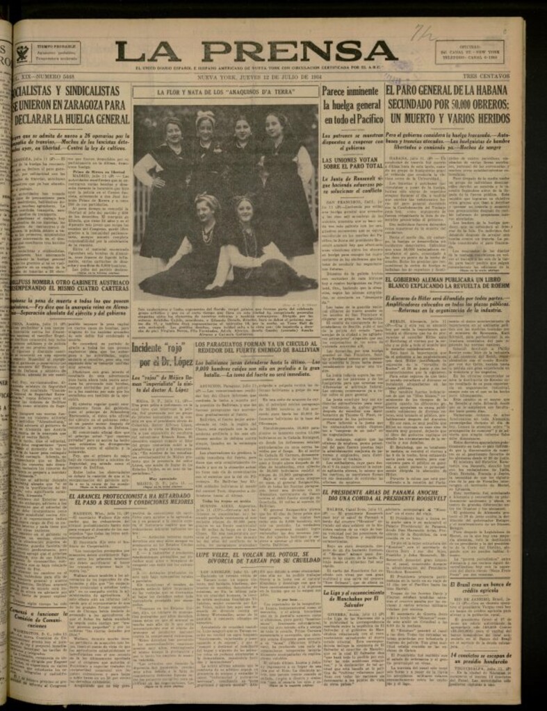 Miniatura de La Prensa: único diario español e hispano americano en Nueva York del 12 de julio de 1934, nº 5448