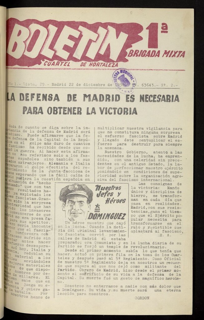 Miniatura de Boletín de la Primera Brigada Mixta. Cuartel de Hortaleza