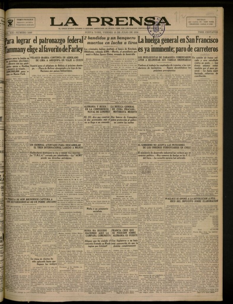 Miniatura de La Prensa: único diario español e hispano americano en Nueva York del 13 de julio de 1934, nº 5449