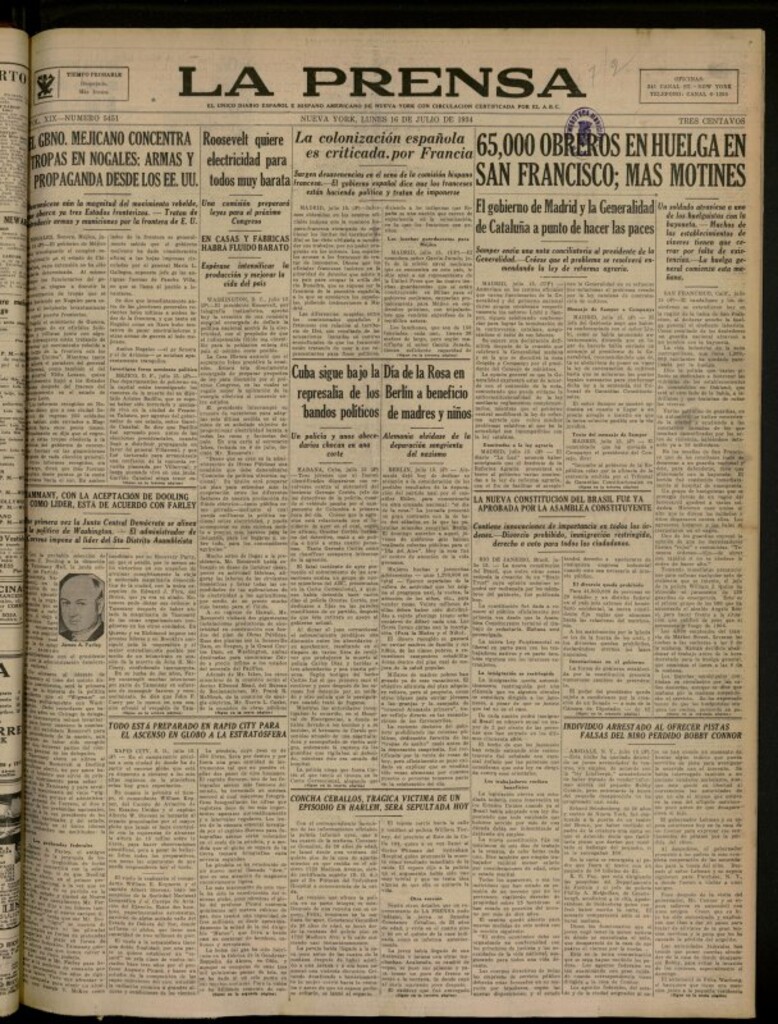 Miniatura de La Prensa: único diario español e hispano americano en Nueva York del 16 de julio de 1934, nº 5451