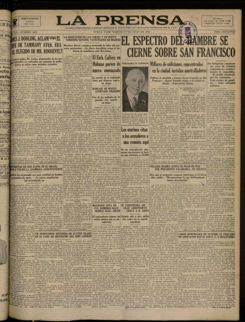Miniatura de La Prensa: único diario español e hispano americano en Nueva York del 17 de julio de 1934, nº 5452