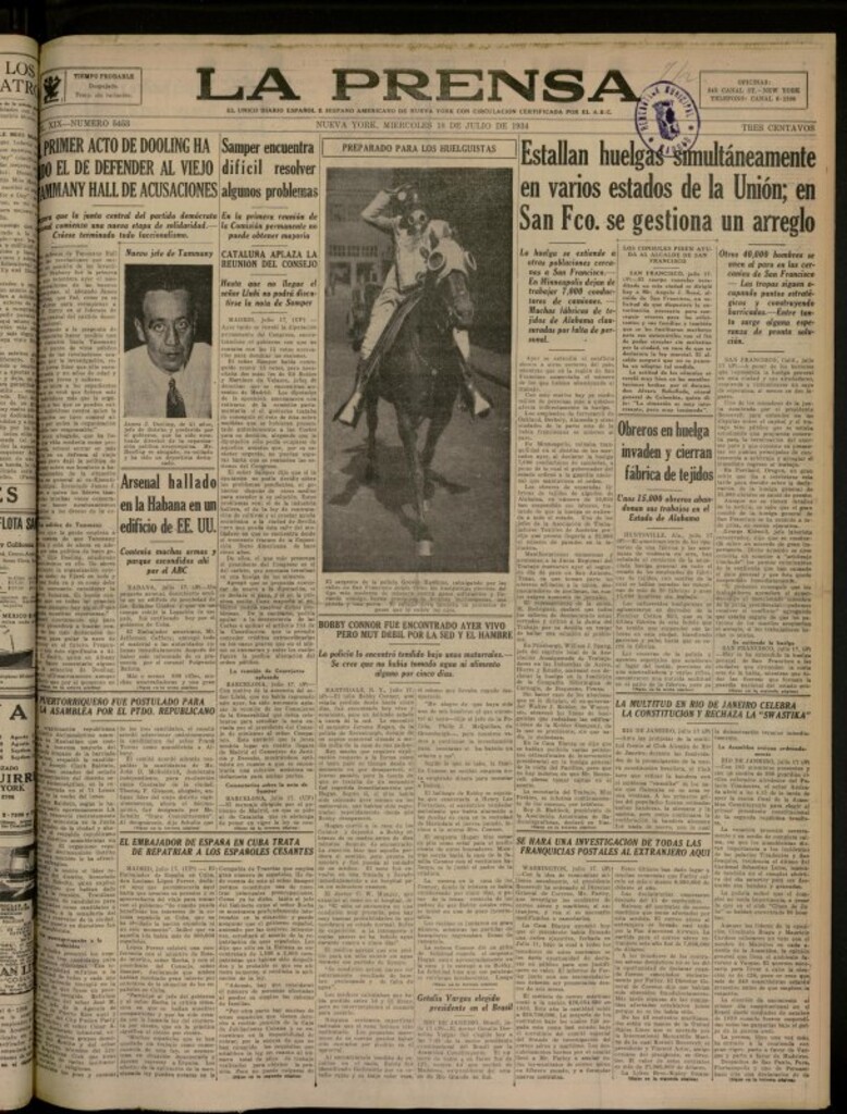 Miniatura de La Prensa: único diario español e hispano americano en Nueva York del 18 de julio de 1934, nº 5453