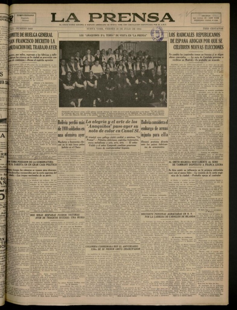 Miniatura de La Prensa: único diario español e hispano americano en Nueva York del 20 de julio de 1934, nº 5455