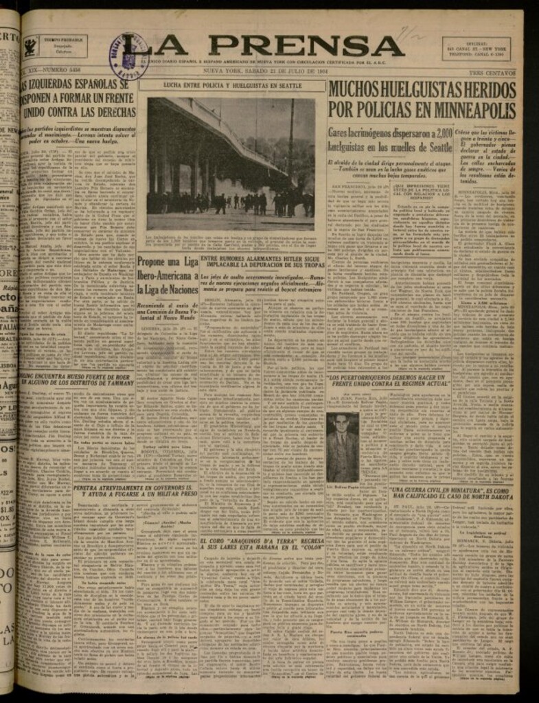 Miniatura de La Prensa: único diario español e hispano americano en Nueva York del 21 de julio de 1934, nº 5456