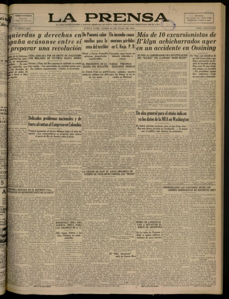 Miniatura de La Prensa: único diario español e hispano americano en Nueva York del 23 de julio de 1934, nº 5457