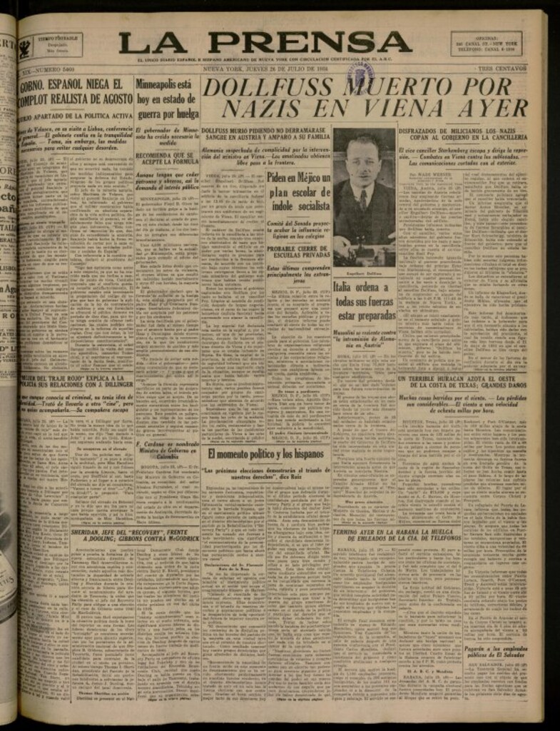 Miniatura de La Prensa: único diario español e hispano americano en Nueva York del 26 de julio de 1934, nº 5460