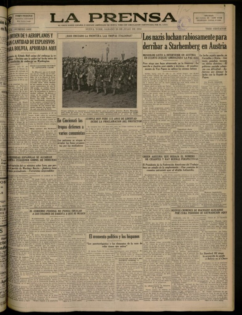 Miniatura de La Prensa: único diario español e hispano americano en Nueva York del 28 de julio de 1934, nº 5462