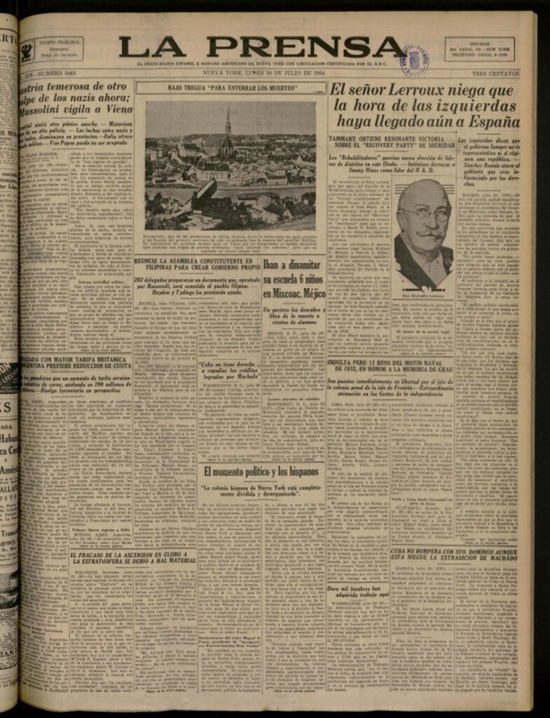 Miniatura de La Prensa: único diario español e hispano americano en Nueva York del 30 de julio de 1934, nº 5463