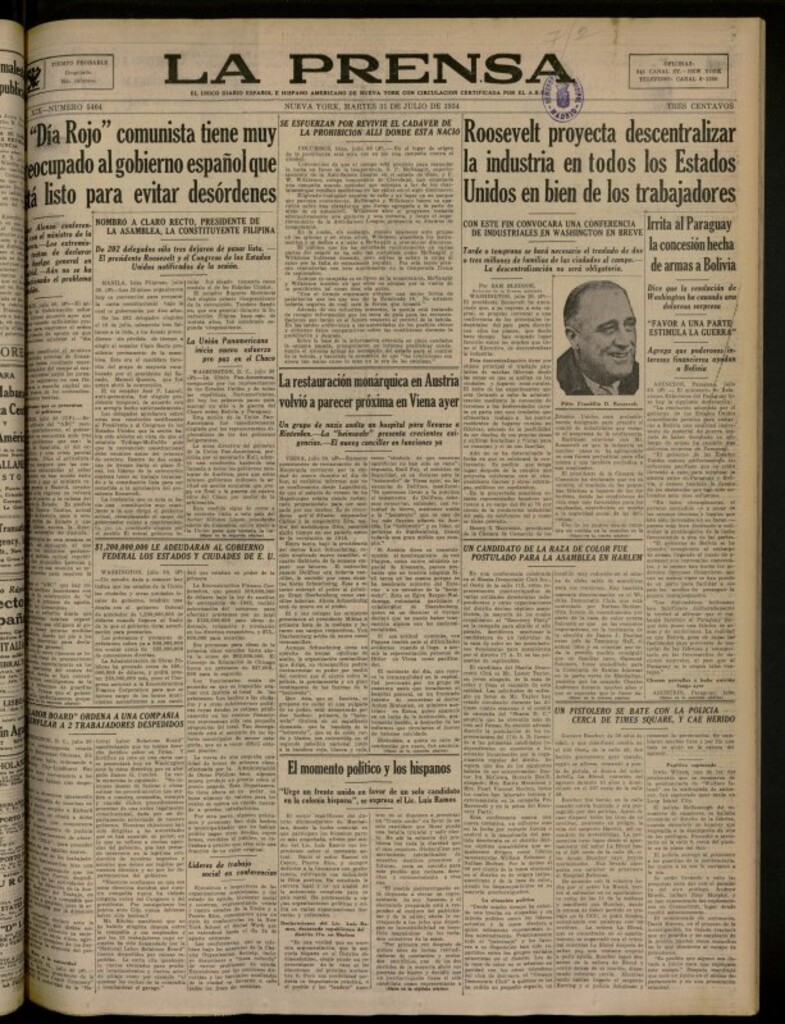 Miniatura de La Prensa: único diario español e hispano americano en Nueva York del 31 de julio de 1934, nº 5464