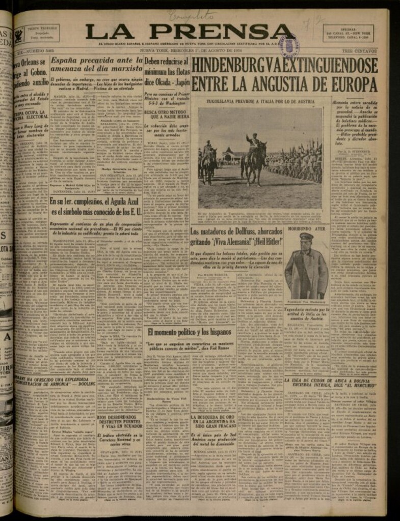 Miniatura de La Prensa: único diario español e hispano americano en Nueva York del 1 de agosto de 1934, nº 5465