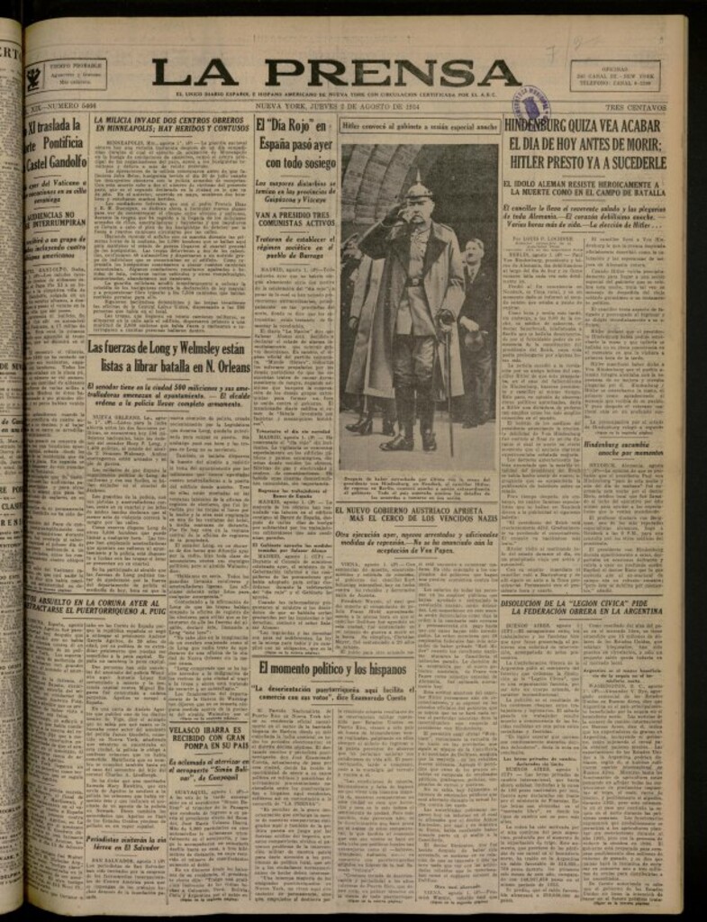 Miniatura de La Prensa: único diario español e hispano americano en Nueva York del 2 de agosto de 1934, nº 5466