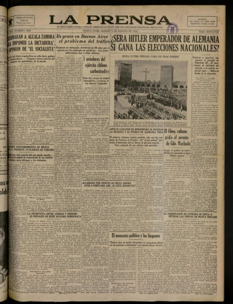 Miniatura de La Prensa: único diario español e hispano americano en Nueva York del 4 de agosto de 1934, nº 5468
