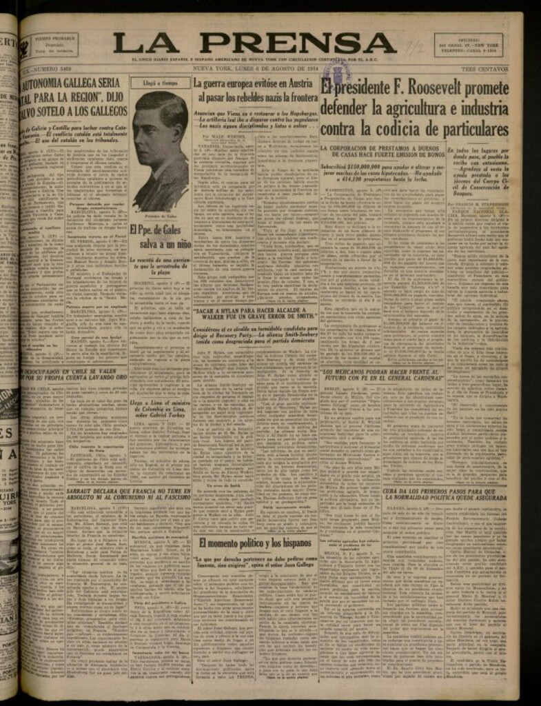 Miniatura de La Prensa: único diario español e hispano americano en Nueva York del 6 de agosto de 1934, nº 5469