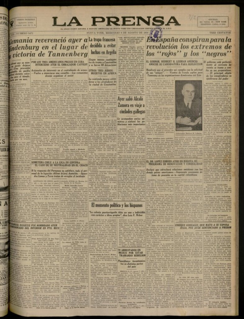 Miniatura de La Prensa: único diario español e hispano americano en Nueva York del 8 de agosto de 1934, nº 5471