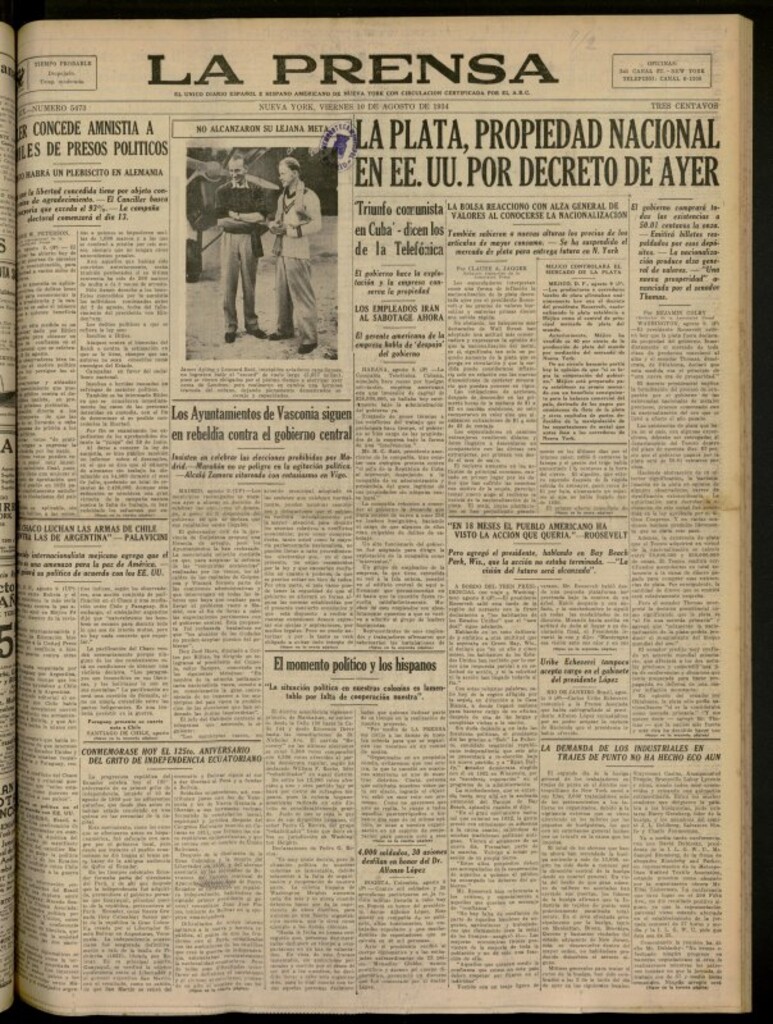 Miniatura de La Prensa: único diario español e hispano americano en Nueva York del 10 de agosto de 1934, nº 5473