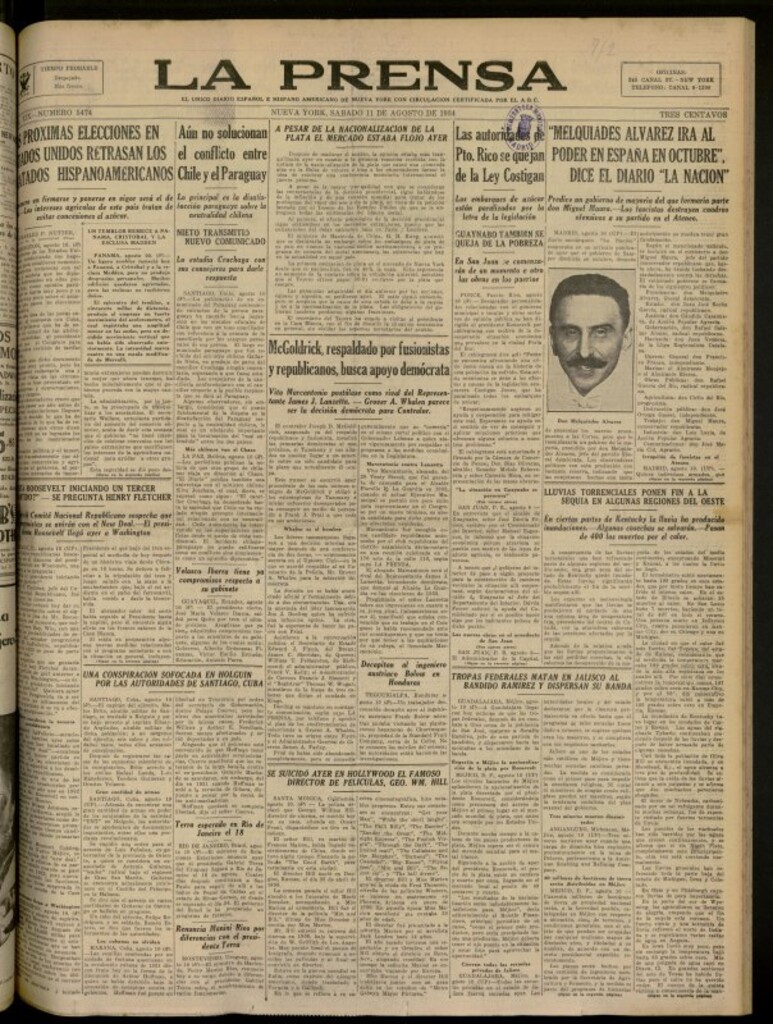 Miniatura de La Prensa: único diario español e hispano americano en Nueva York del 11 de agosto de 1934, nº 5474