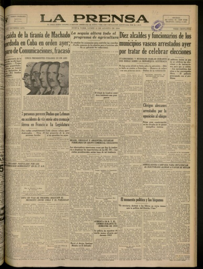 Miniatura de La Prensa: único diario español e hispano americano en Nueva York del 13 de agosto de 1934, nº 5475