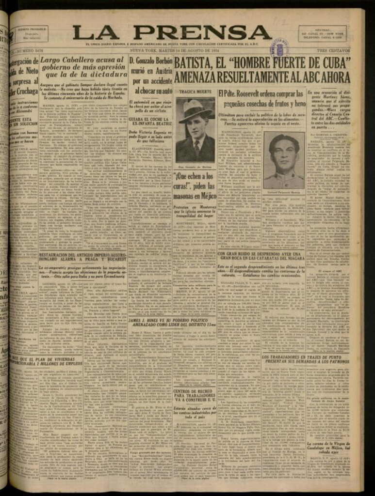 Miniatura de La Prensa: único diario español e hispano americano en Nueva York del 14 de agosto de 1934, nº 5476