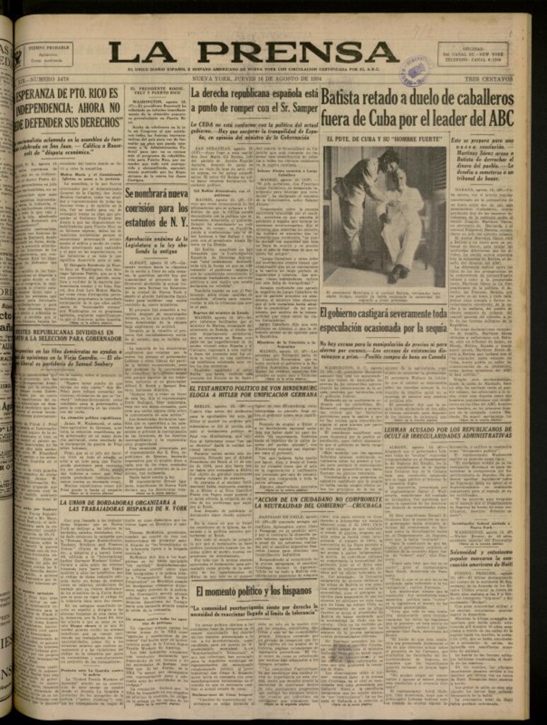 Miniatura de La Prensa: único diario español e hispano americano en Nueva York del 16 de agosto de 1934, nº 5478