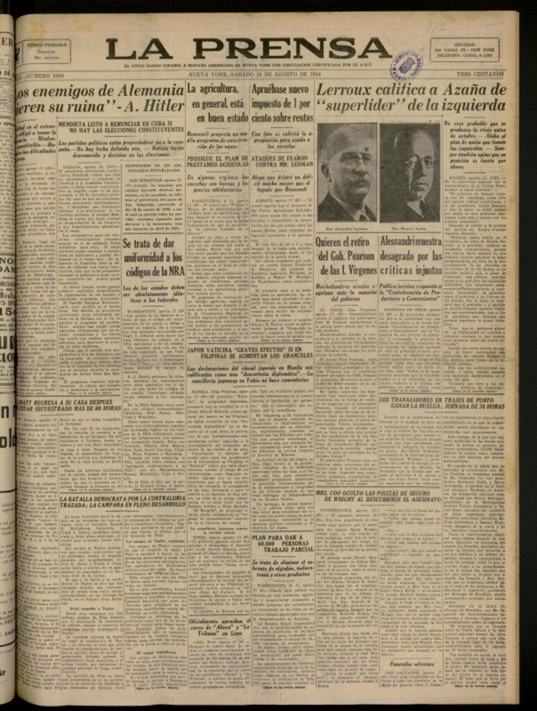 Miniatura de La Prensa: único diario español e hispano americano en Nueva York del 18 de agosto de 1934, nº 5480