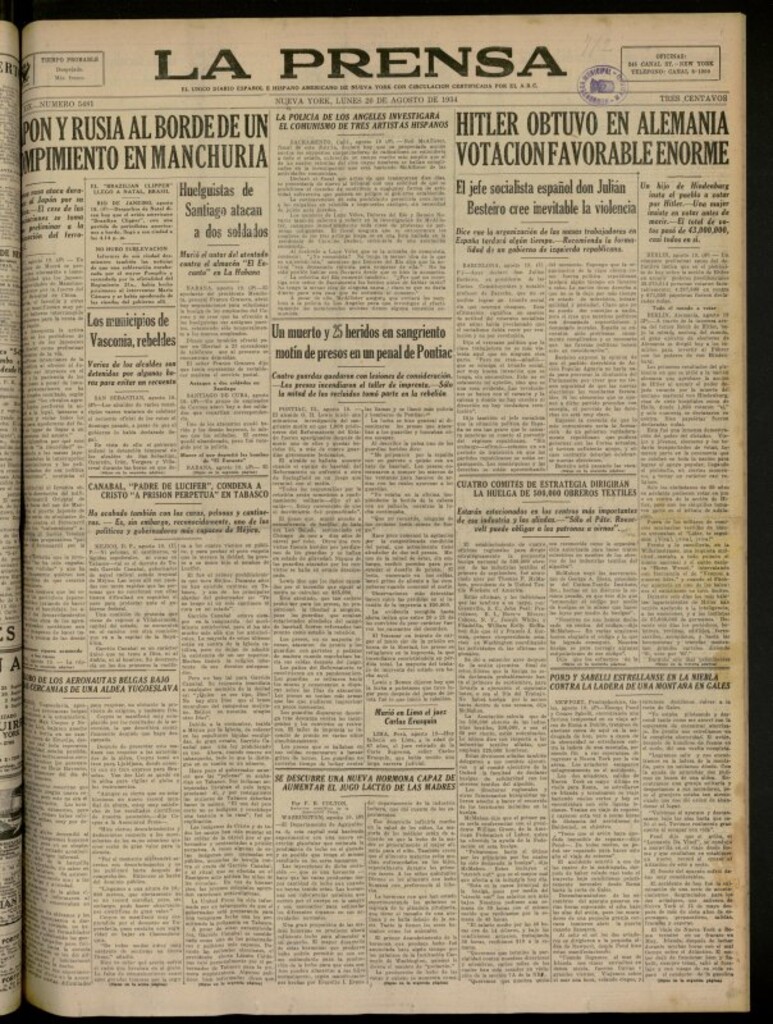 Miniatura de La Prensa: único diario español e hispano americano en Nueva York del 20 de agosto de 1934, nº 5481
