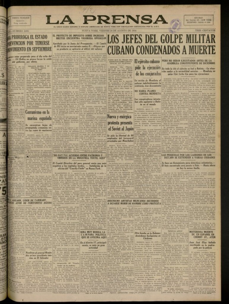 Miniatura de La Prensa: único diario español e hispano americano en Nueva York del 24 de agosto de 1934, nº 5485