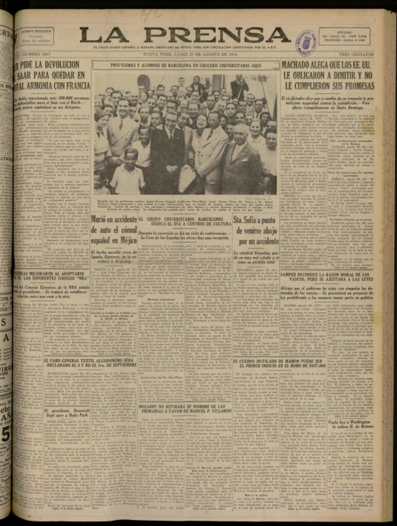 Miniatura de La Prensa: único diario español e hispano americano en Nueva York del 27 de agosto de 1934, nº 5487