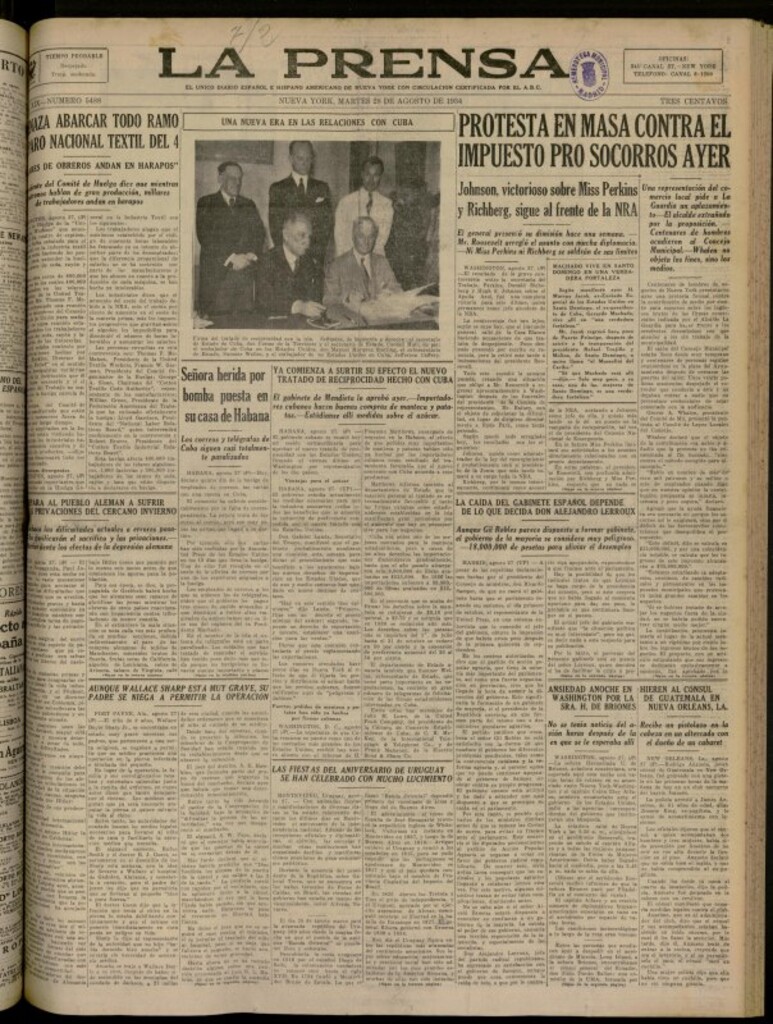 Miniatura de La Prensa: único diario español e hispano americano en Nueva York del 28 de agosto de 1934, nº 5488