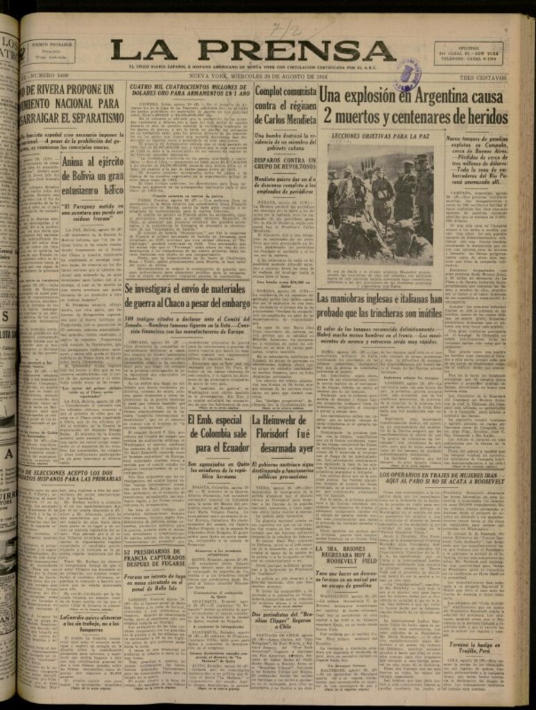 Miniatura de La Prensa: único diario español e hispano americano en Nueva York del 29 de agosto de 1934, nº 5489
