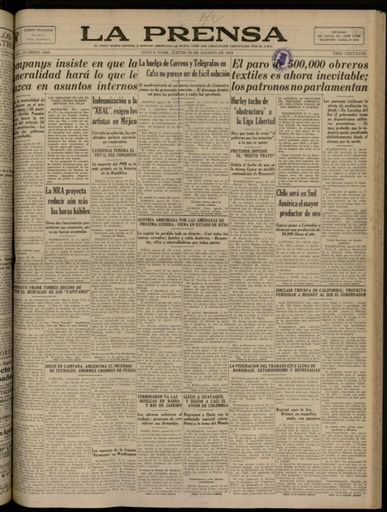 Miniatura de La Prensa: único diario español e hispano americano en Nueva York del 30 de agosto de 1934, nº 5490