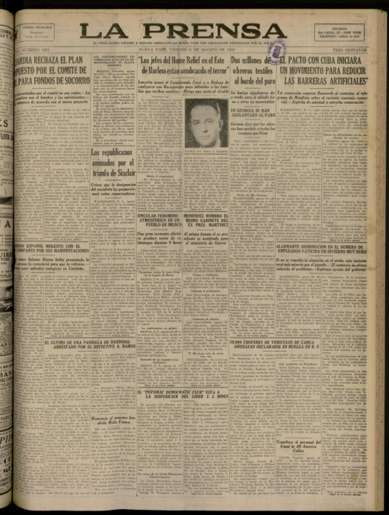 Miniatura de La Prensa: único diario español e hispano americano en Nueva York del 31 de agosto de 1934, nº 5491