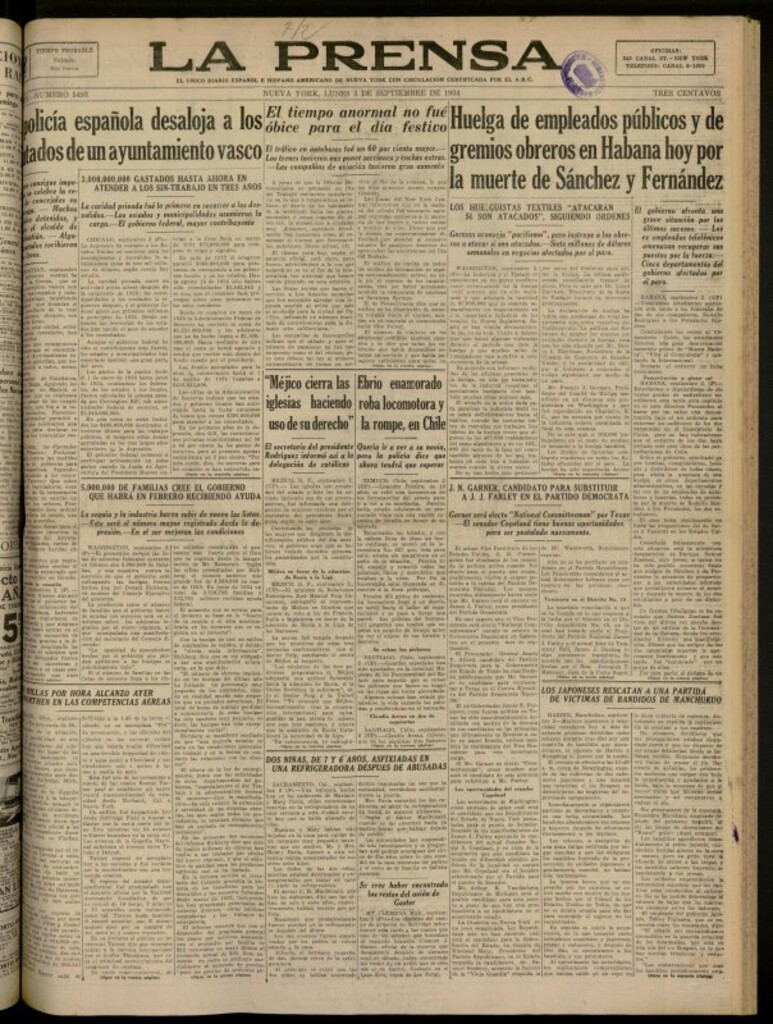 Miniatura de La Prensa: único diario español e hispano americano en Nueva York del 3 de septiembre de 1934, nº 5493