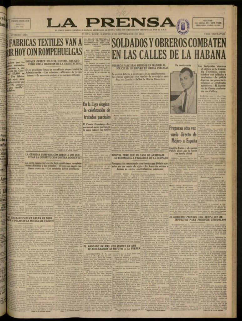 Miniatura de La Prensa: único diario español e hispano americano en Nueva York del 4 de septiembre de 1934, nº 5494