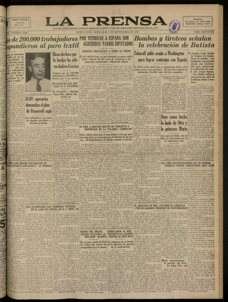 Miniatura de La Prensa: único diario español e hispano americano en Nueva York del 5 de septiembre de 1934, nº 5495