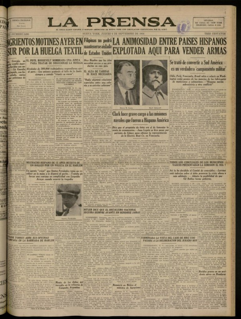 Miniatura de La Prensa: único diario español e hispano americano en Nueva York del 6 de septiembre de 1934, nº 5496
