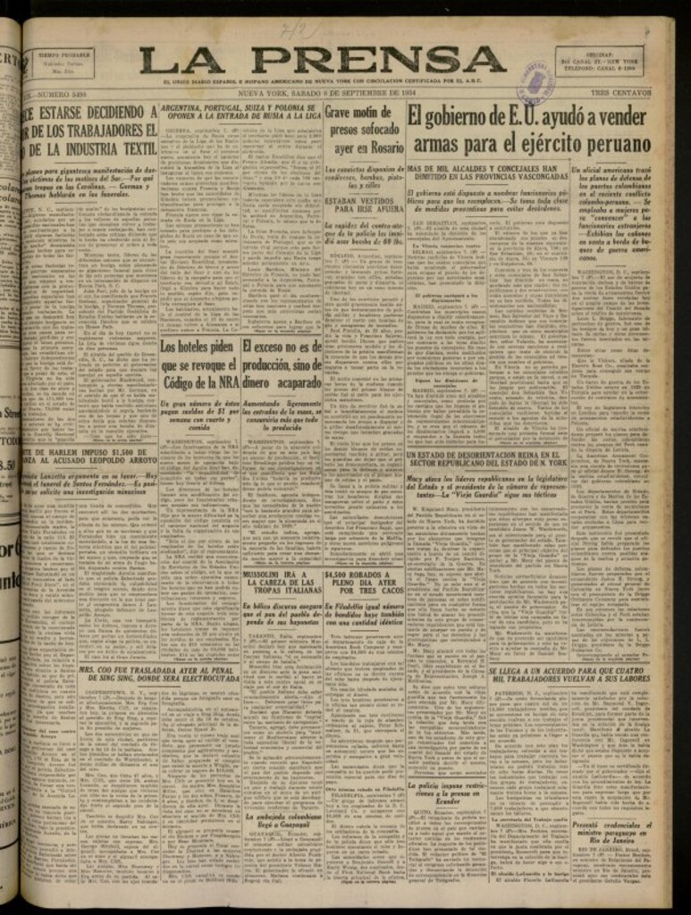 Miniatura de La Prensa: único diario español e hispano americano en Nueva York del 8 de septiembre de 1934, nº 5498