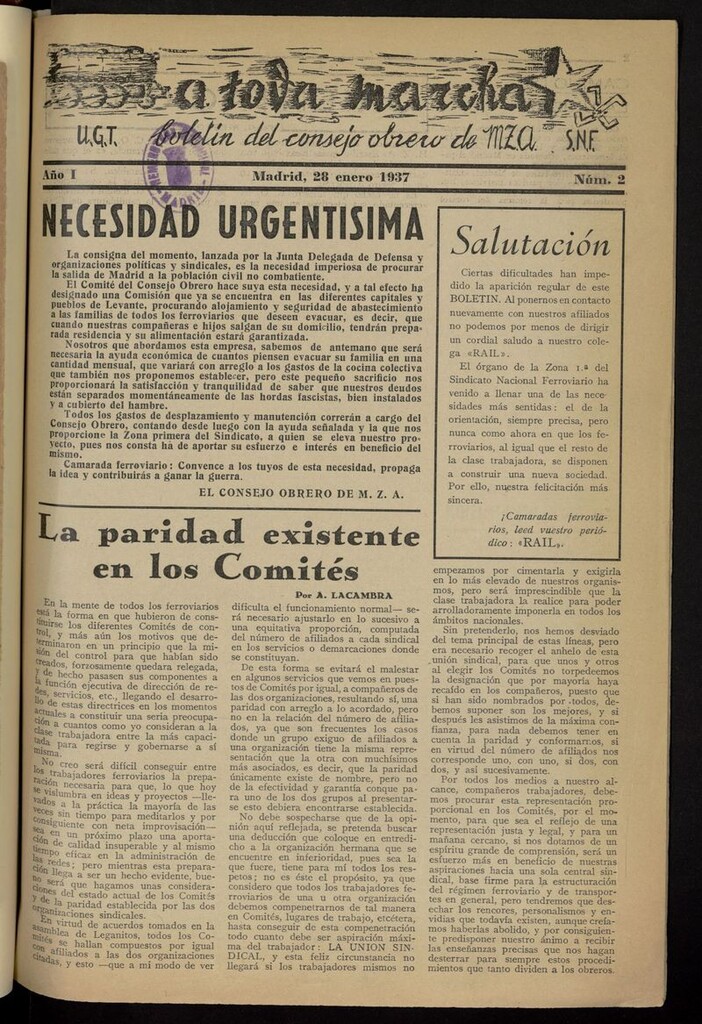 Miniatura de A toda marcha: boletín del Consejo Obrero de M.Z.A.
