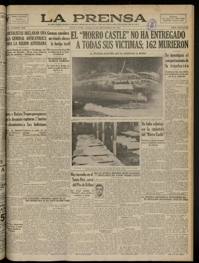 Miniatura de La Prensa: único diario español e hispano americano en Nueva York del 10 de septiembre de 1934, nº 5499
