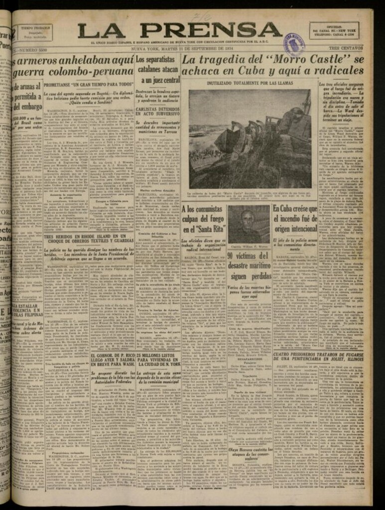 Miniatura de La Prensa: único diario español e hispano americano en Nueva York del 11 de septiembre de 1934, nº 5500