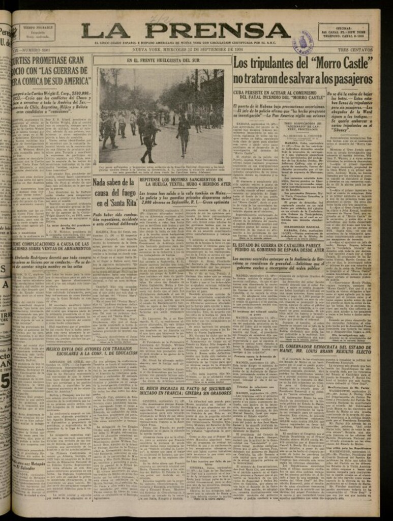 Miniatura de La Prensa: único diario español e hispano americano en Nueva York del 12 de septiembre de 1934, nº 5501