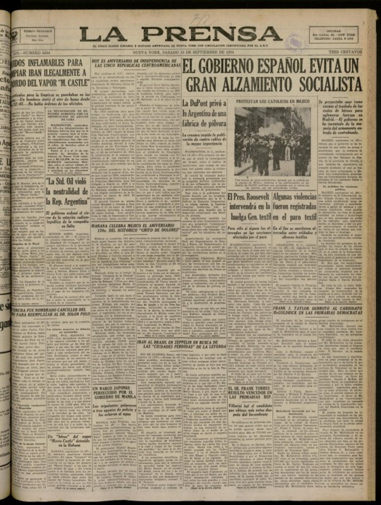 Miniatura de La Prensa: único diario español e hispano americano en Nueva York del 15 de septiembre de 1934, nº 5504