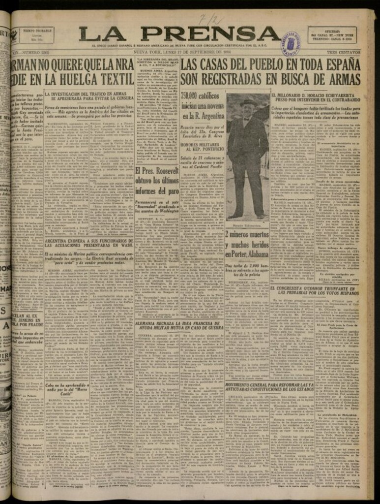 Miniatura de La Prensa: único diario español e hispano americano en Nueva York del 17 de septiembre de 1934, nº 5505