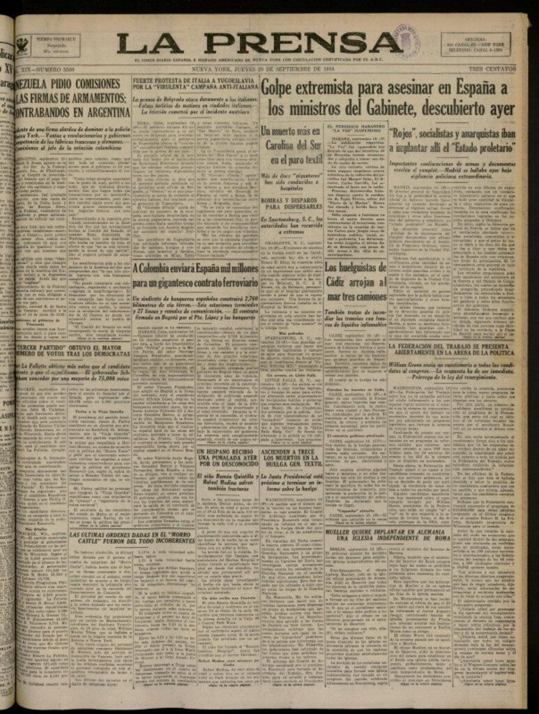 Miniatura de La Prensa: único diario español e hispano americano en Nueva York del 20 de septiembre de 1934, nº 5508