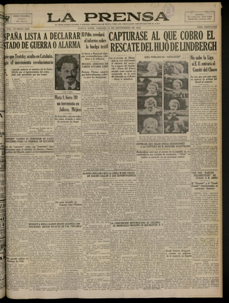 Miniatura de La Prensa: único diario español e hispano americano en Nueva York del 21 de septiembre de 1934, nº 5509