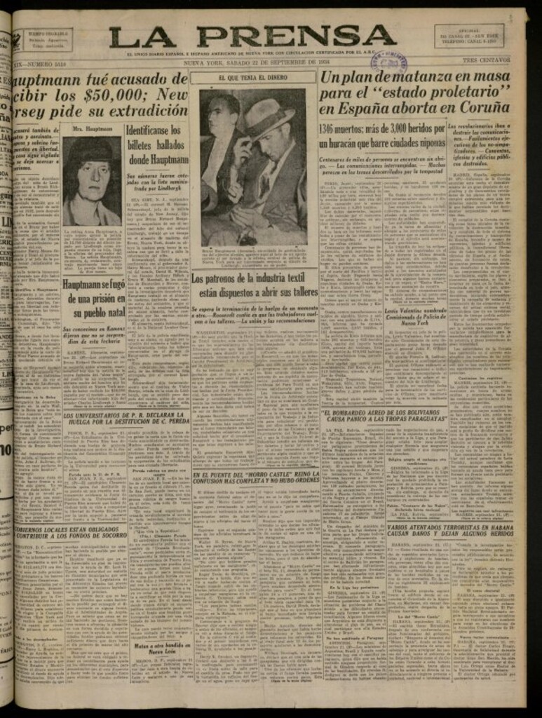 Miniatura de La Prensa: único diario español e hispano americano en Nueva York del 22 de septiembre de 1934, nº 5510