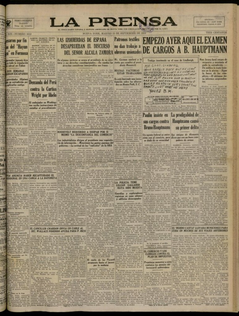 Miniatura de La Prensa: único diario español e hispano americano en Nueva York del 25 de septiembre de 1934, nº 5512
