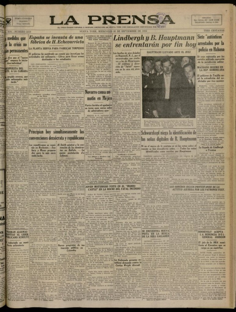 Miniatura de La Prensa: único diario español e hispano americano en Nueva York del 26 de septiembre de 1934, nº 5513