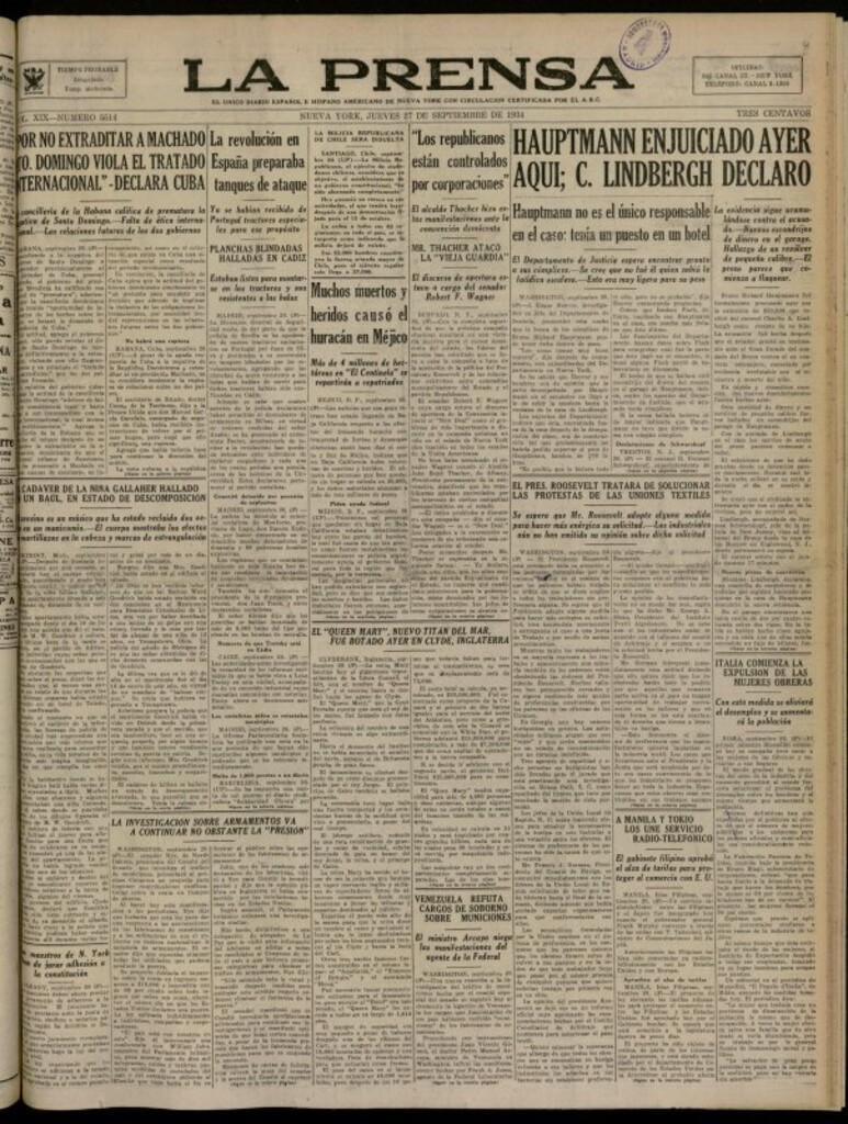 Miniatura de La Prensa: único diario español e hispano americano en Nueva York del 27 de septiembre de 1934, nº 5514