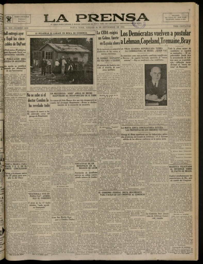 Miniatura de La Prensa: único diario español e hispano americano en Nueva York del 28 de septiembre de 1934, nº 5515